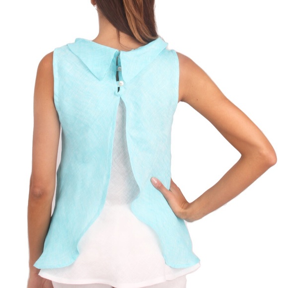 COLORI DI CAPRI Tan Linen Blouse Cute Back Design - Picture 2 of 8